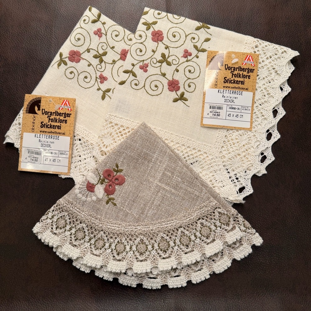 Vintage Austrian Linen Doily Set 3 Embroidered Lace Table Decor